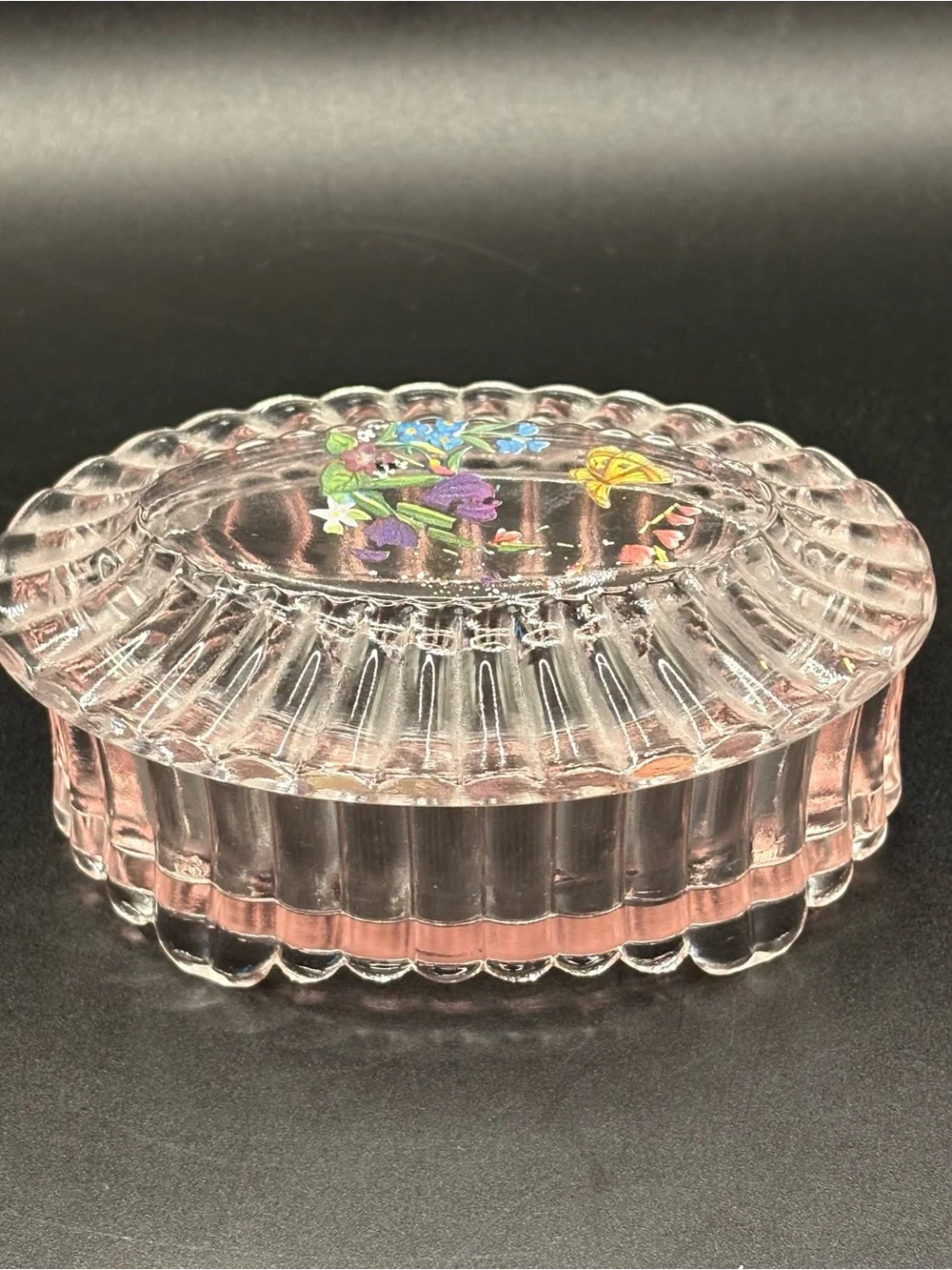 1988 Fenton Pink Glass Floral Butterfly Trinket Box